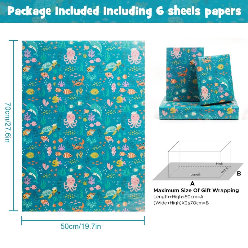 NEPOG Ocean Themed Birthday Wrapping Paper for Kids Girls Boys  6 Sheets Under the Water Animal Coastal Design Gift Paper  20 x 28 inch Per Sheet Folded Flat Birthday Paper for Birthday Baby Shower - Image 2